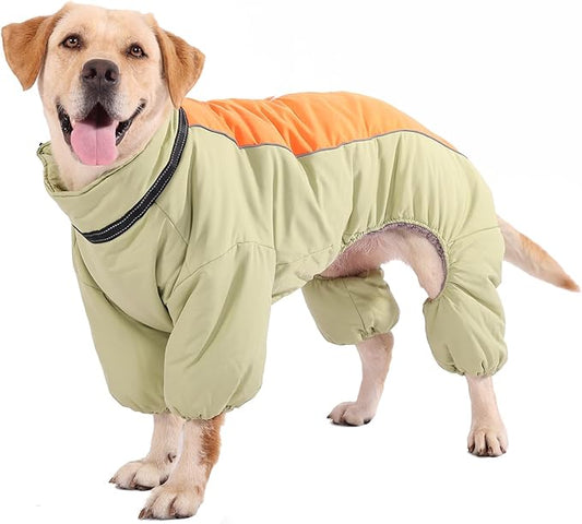 Toasty Warm 4-Legged Dog Snowsuit with Leash Ring, Reflective Zip Up Dog Winter Coat, Windproof Fleece Lining Dog Jumpsuit Jacket, LightGreen,12