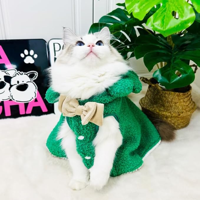 ANIAC Dog Christmas Cape Coat with D-Ring Cat Santa Costume with Xmas Tree Hat Christmas Dogs Outfit Warm Puppy Clothes for Small Dog Holiday Pet Cloak for Cat (Green, Small)