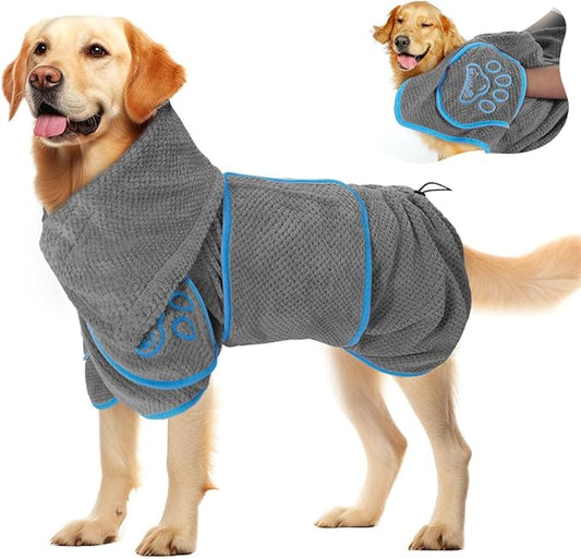 SlowTon Dog Bathrobe Towel - Super Absorbent Microfiber Pet Quick Drying Towel, Wearable Soft Bath Robes for After Bath Shower Swim Wet Walk, Adjustable for Small Middle Large Dogs (Grey, M)