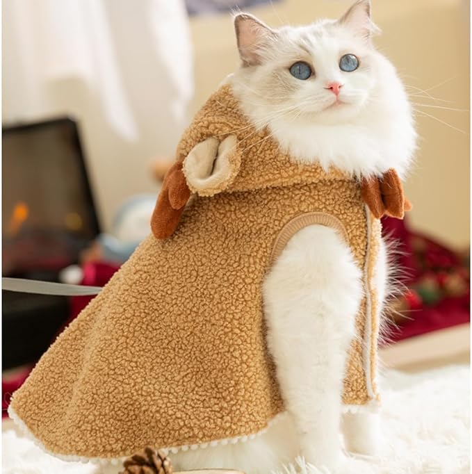 ANIAC Dog Christmas Cape Coat with D-Ring Cat Santa Costume with Xmas Tree Hat Newyear Dogs Outfit Warm Puppy Clothes for Small Dog Holiday Pet Cloak for Cat (Brown, Small)