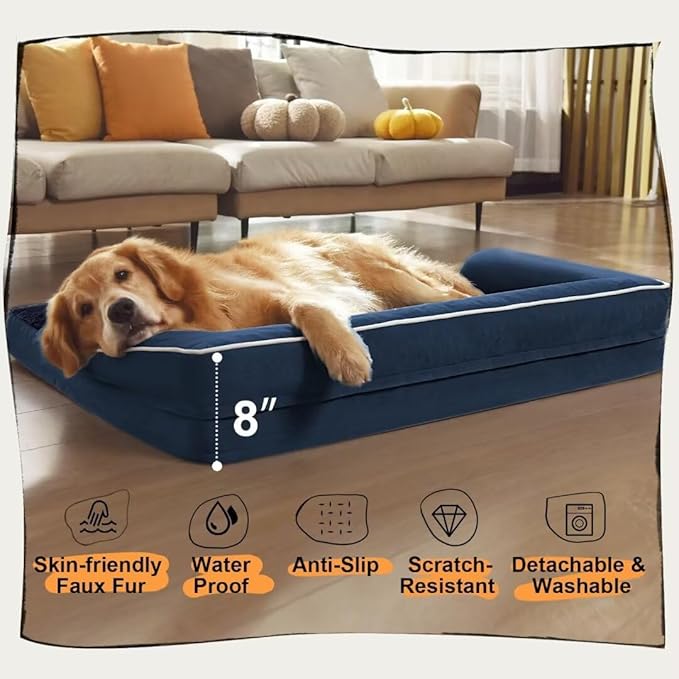 Large Dog Bed Orthopedic Washable | Beds Bolster Pet - XXL Large Big Dogs - Memory Foam - Couch Sofa - Waterproof with Removable Cover | Navy Blue Dog Bed