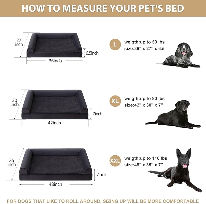 BFPETHOME Washable Dog Beds for Large Dogs, Orthopedic Dog Bed Large, Big Dog Couch Bed with Removable Washable Cover, Waterproof Lining and Nonskid Bottom, Egg-Crate Foam Pet Sofa Bed for Sleeping