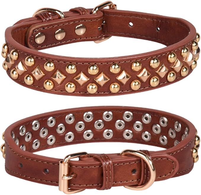Spiked Dog Collar Soft Pu Leather Mushrooms Rivet Spike Studded Puppy Adjustable Pet Collars for Small Breeds (M, Brown3)