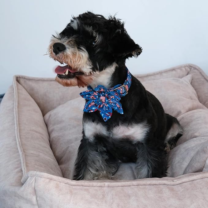 Patriotic Dog Collar with Bow Tie, 4th of July Flower Dog Collar, American Flag Collar for X-Large Boy Girl Dog, Comfortable Summer Flower Collar with Metal Buckle, XL