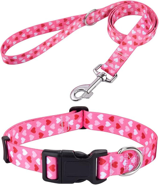 Dog Collar and Leash Set - Adjustable Heart Dog Collar - Love Theme - Perfect for Small Medium Large Dogs(Pink Heart Set,S)