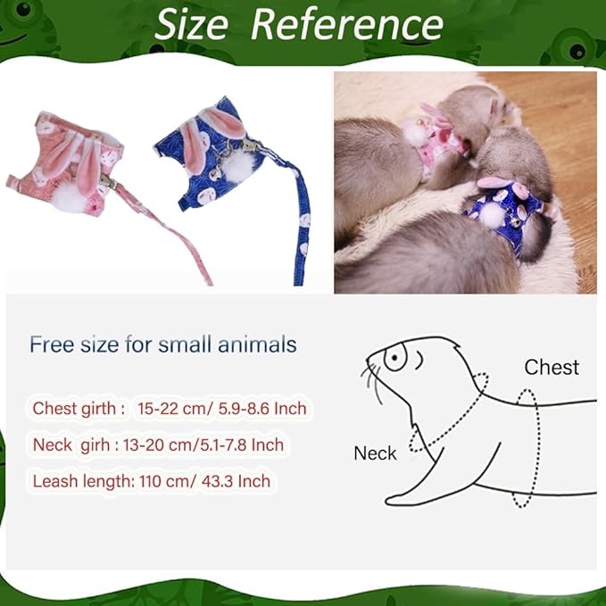 Ferret Harness and Leash Set with Bell - Small Animal Accessories - Bunny Ears Costume for Baby Rabbit, Guinea Pig and Small Pets - Blue