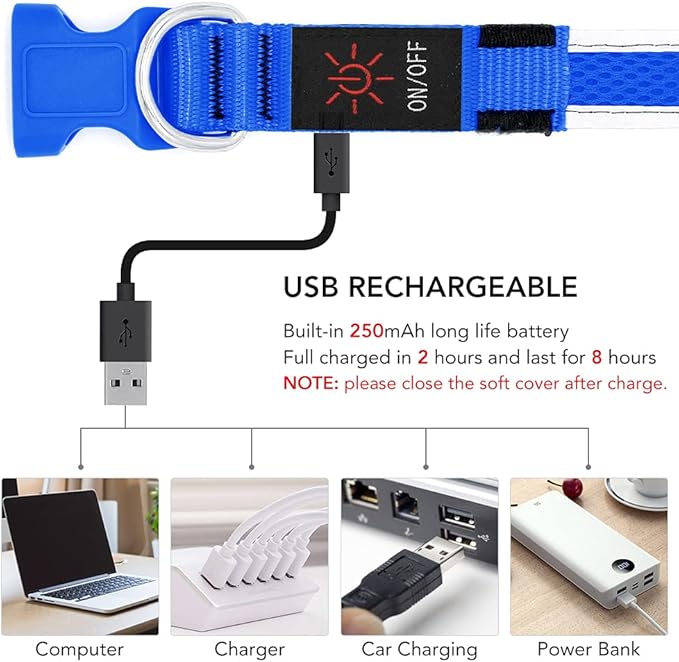 YFbrite Light up Dog Collar, USB Rechargeable LED Puppy Collar Super Bright Adjustable Glowing Dog Lights for Night Walking (Blue, Large)