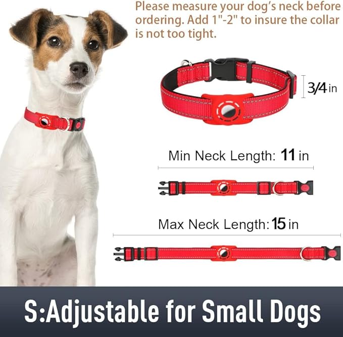 Airtag Dog Collar with AirTag Holder for Small Dogs, Reflective, Soft Padded & Safety Locking Buckle, Nylon Pet Collars Adjustable for All Breeds, Red,S