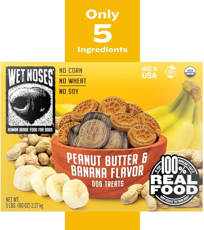 Organic Crunchy Dog Treats – for All Pet Sizes, Breeds – Senior Dog Snack – 100% Human-Grade – Delicious Chews for Dogs – Grain-Free Peanut Butter & Banana, 5 Lb. Package may vary.