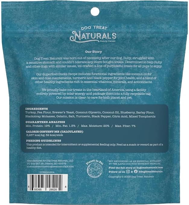 Turkey & Blueberry Superfood Sticks | All-Natural Premium Training Treats | Contains Turmeric for Joint Health | Made with Real Turkey & Blueberry | Made in USA | 10 Ounces