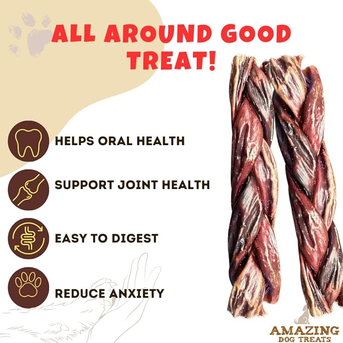 Amazing Dog Treats - 6 Inch Braided Beef Esophagus Sticks (4 Pc/Pack) - Braided Gullet Sticks Dog Chews