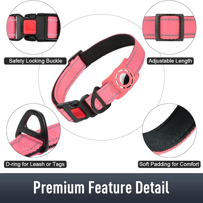Airtag Dog Collar with AirTag Holder for Large Dogs, Reflective, Soft Padded & Safety Locking Buckle, Nylon Pet Collars Adjustable for All Breeds, Pink,L