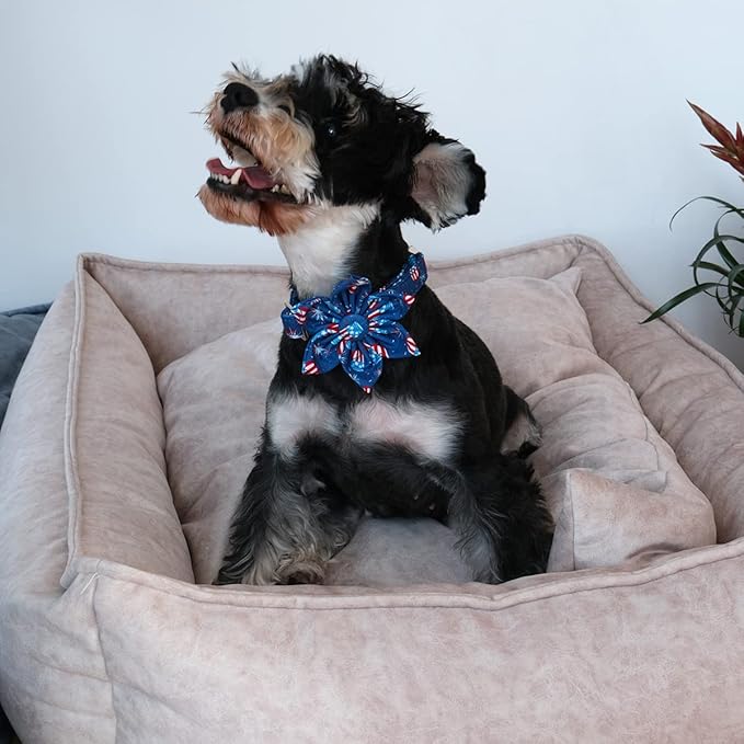 4th of July Dog Collar with Bow Tie, Patriotic Flower Dog Collar, American Flag Collar for X-Large Boy Girl Dog, Comfortable Summer Flower Collar with Metal Buckle, XL