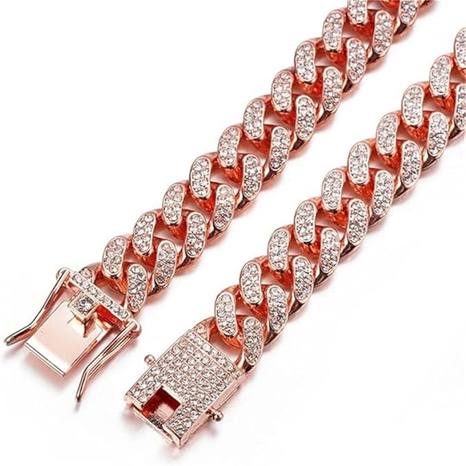 Rose Gold Cuban Link Dog Collar, Rhinestone Dog Necklace Glitter Crystal Sparkly Diamond Metal Bling Girl Puppy Chain Collars for Small Medium Large Pet Female Dogs Cats, Pink 10 inch