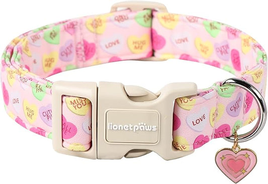 Lionet Paws Valentine's Dog Collar- Cute Pink Sweet Heart Dog Collars with Plastic Buckle, Light Adjustable Dog Collars for Small Medium Dogs