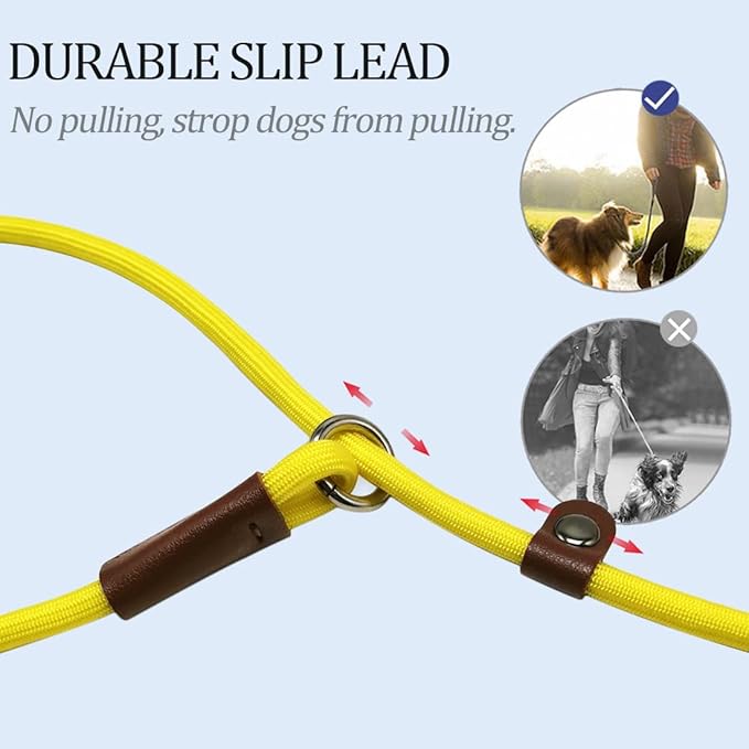 MayPaw Slip Lead Control Leash for Dogs No Pull, 13+ Colors Classic Dog 7 FT Pet Slip Leash, 1/4” Rope Lead for Small Medium Animals (7ft*1/4", Yellow)