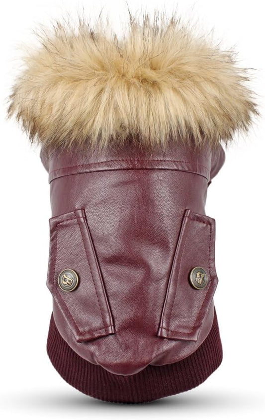 LESYPET Dog Leather Jacket for Small Dogs, Small Dog Jacket Dog Coat Double Layer with Warm Fleece Lined for Small Dogs Puppy Cat, Red Medium