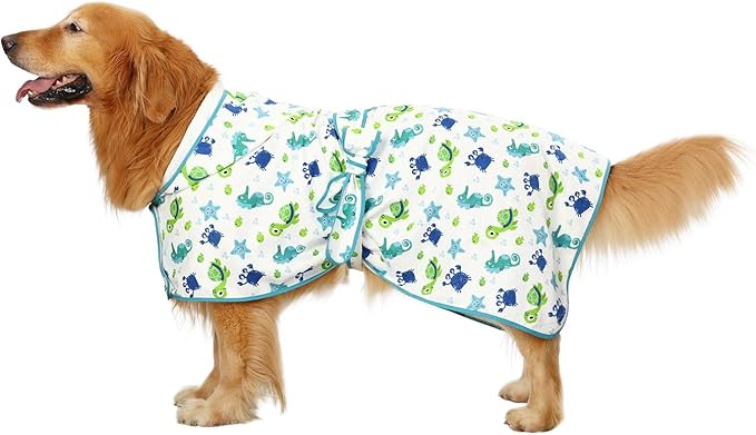 HDE Dog Bathrobe Super Absorbent Quick Drying Towel with Hood for All Dog Breeds Sizes S-XXL - Sea Animals - XXL