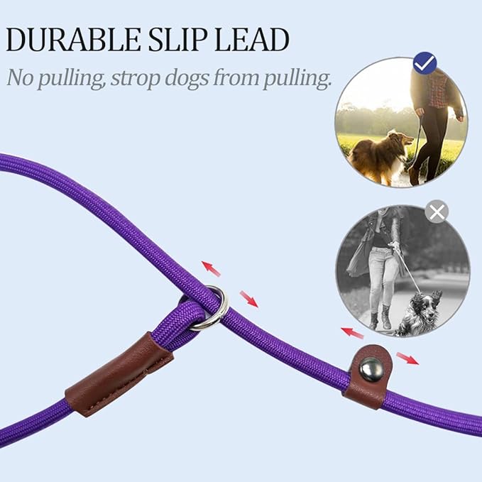 MayPaw Slip Lead Control Leash for Dogs No Pull, 13+ Colors Classic Dog Lead 7FT Pet Slip Leash, 1/4” Rope Leashes for Small Medium Animals Purple