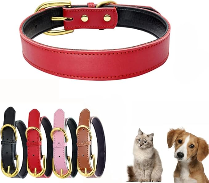 Dog Collars for Medium Dogs Leather, Soft Touch Padded Thick Genuine Cowhide Gold Buckle Durable Pet Cat Puppy Collars Adjustable for XS Small Medium Dogs, Red M