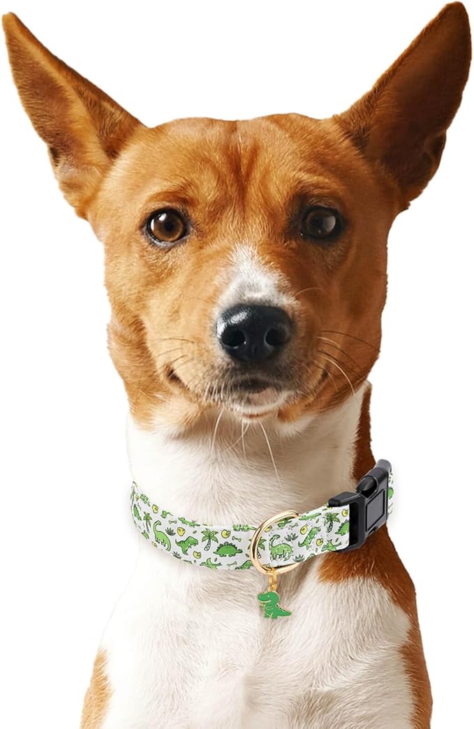 Cotton Dog Collar,Soft and Cute Puppy Collars with Dinosaur Patterned Design for Girl Female Boy Dogs,Adjustable Buckle Pet Collar for Small Medium Large Dogs (Green Dinosaur, S)