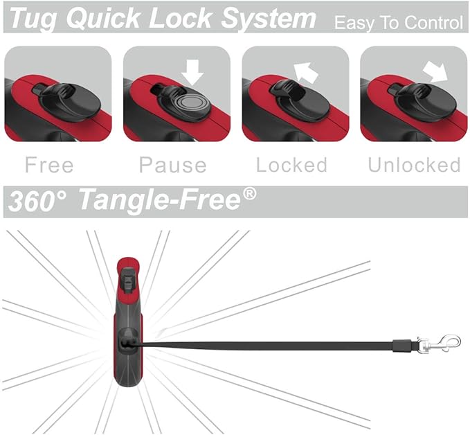 TUG 360° Tangle-Free Retractable Dog Leash with Anti-Slip Handle | 16 ft Strong Nylon Tape | One-Handed Brake, Pause, Lock (Small, Red)