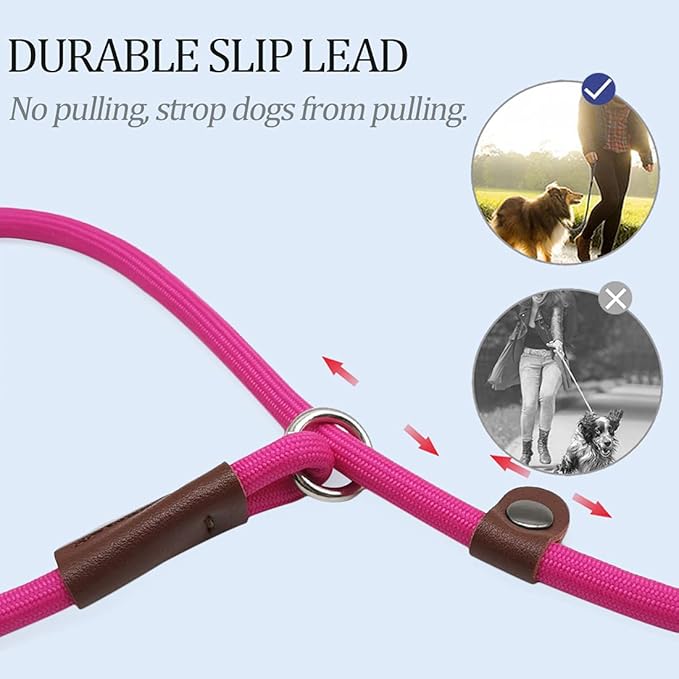 MayPaw Slip Lead Control Leash for Dogs No Pull, 13+ Colors Classic Dog Lead 7FT Pet Slip Leash, 1/4” Rope Leashes for Small Medium Animals (7ft*1/4", Rose red)