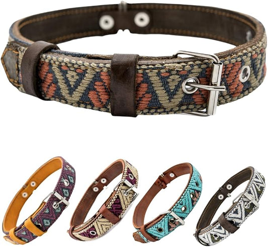 Western Dog Collar - Leather Embroidered Design for Small Medium Large Dogs & Puppy Pets - Aztec Southwest for Boy and Girl Female & Male Dogs - Collar para Perros (Small, Bronze Olive)