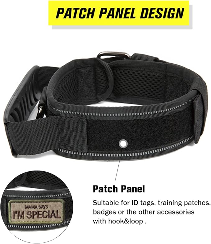 Tactical Dog Collar with Handle - Military Adjustable Dog Training Collar Soft Nylon and Heavy Duty Metal Buckle for Medium Large Dogs - with Patch (Black with Patch, Large)