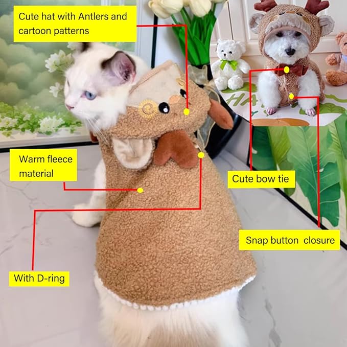 ANIAC Dog Christmas Cape Coat with D-Ring Cat Santa Costume with Xmas Tree Hat New Year Dogs Outfit Warm Puppy Clothes for Small Dog Holiday Pet Cloak for Cat (Brown, Large)