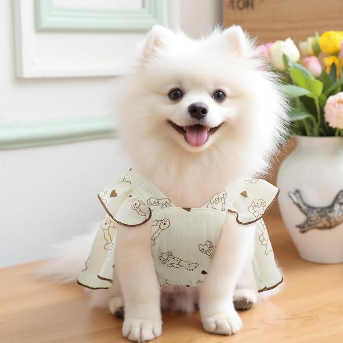 CuteBone Cotton Dog Dress Bear with Leash Ring & Sleeve Ruffles, Soft & Breathable, Stylish Pet Clothes Outfit for Small Dogs, Comfortable & Easy to Wear CFX02L