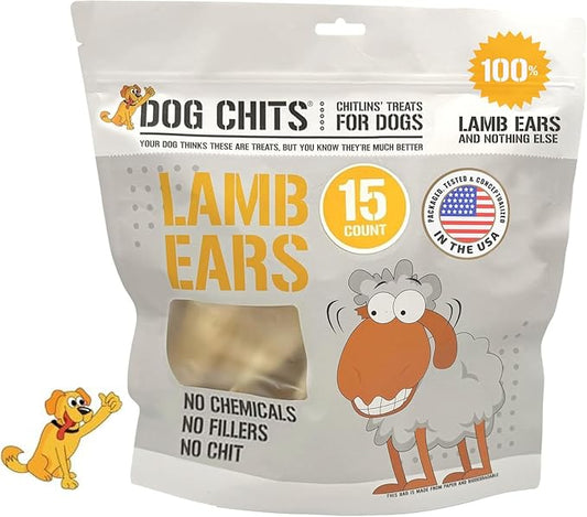 Dog Chits Lamb Ears for Dogs - Dog and Puppy Chews | 15 Pack | Made in USA | All Natural Treats | Boiled and Baked with Nothing Added | Long Lasting Chew | Great for Dental Health | Low Odor