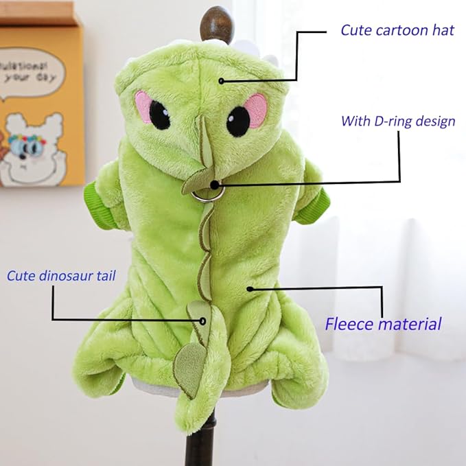Dinosaur Dog Costume, Winter Dog Pajamas for Small Dogs, Warm Puppy Hoodies, Blue Cold Weather Coat for Cat, Warm Pet Clothes for Christmas Halloween (Green-2, X-Small)