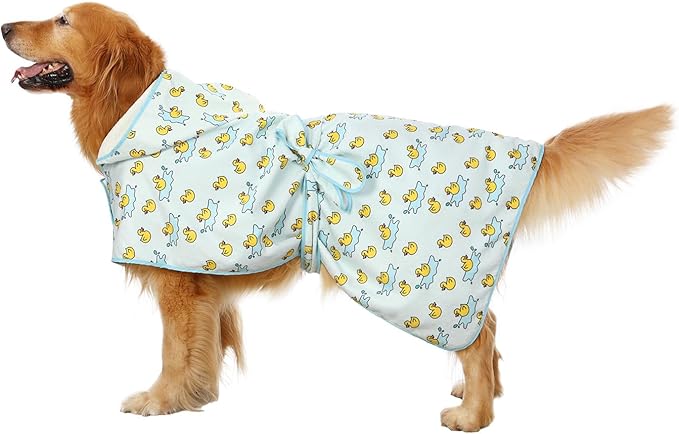 HDE Dog Bathrobe Super Absorbent Quick Drying Towel with Hood for All Dog Breeds Sizes S-XXL - Rubber Duck Puddles - L