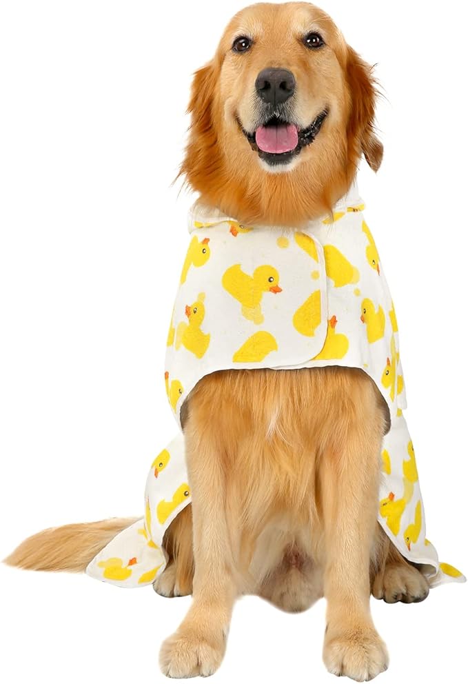 HDE Dog Bathrobe Super Absorbent Quick Drying Towel with Hood for All Dog Breeds Sizes S-XXL - White Rubber Ducks - L