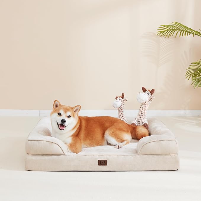 EHEYCIGA Orthopedic Dog Bed for Small Dogs, Waterproof Memory Foam Small Dog Beds with Sides, Non-Slip Bottom and Egg-Crate Foam Medium Pet Couch Bed with Washable Removable Cover, Beige