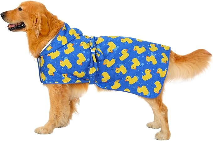 HDE Dog Bathrobe Super Absorbent Quick Drying Towel with Hood for All Dog Breeds Sizes S-XXL - Blue Rubber Ducks - L