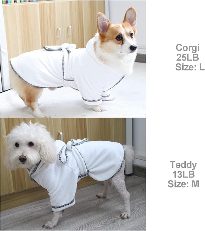 Dog Bathrobe, Microfiber Fast Drying Absorbent Hooded Bath Towel White for Puppy Small Medium Large Dog Cat (L, White)