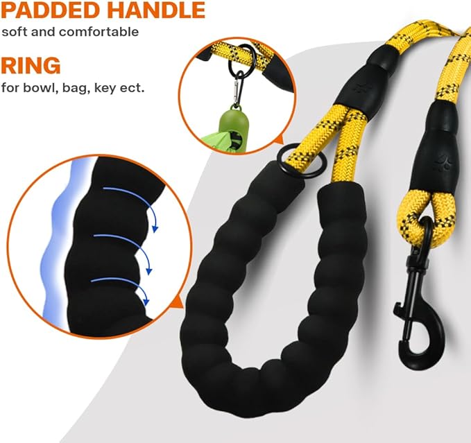 Taglory Rope Dog Leash 6 FT with Comfortable Padded Handle, Highly Reflective Threads Leash for Small Dogs, 3/8 inch, Yellow