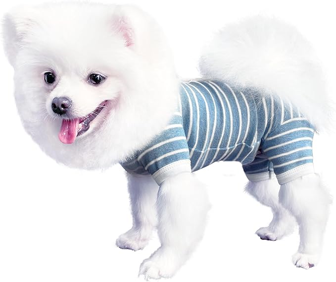TONY HOBY Female Pet Dog Pajamas Stripes 4 Legged Dog pjs Jumpsuit Soft Cotton Dogs Clothes (XS, Blue+White-Girls)