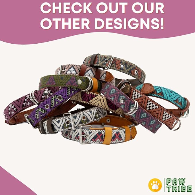 Western Dog Collar - Leather Embroidered Design for Small Medium Large Dogs & Puppy Pets - Aztec Southwest for Boy and Girl Female & Male Dogs - Collar para Perros Beaded (Large, Baja White)