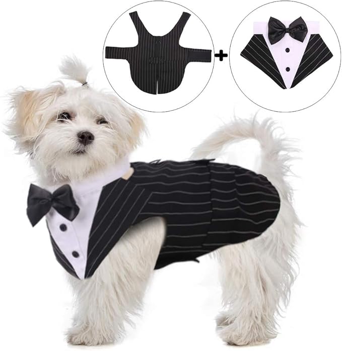 QBLEEV Tuxedo for Large Dogs, Suit and Bandana Set, Wedding Outfit With Bow Tie, Formal Tux Costume for Halloween, Christmas, Birthday Party, Cosplay - Stripe XL