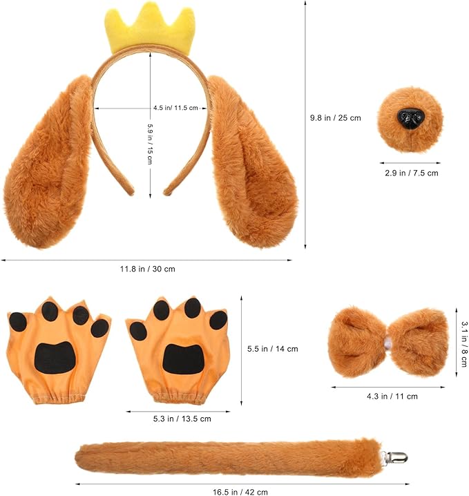 Kisangel Dog Costume Accessories Set - Adjustable Dog Ears Headband, Tail, Paw Gloves for Cosplay, Party, Birthday, and Holiday Events