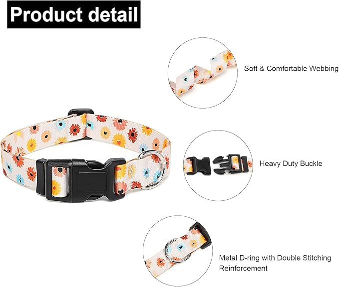 Adjustable Dog Collar with Patterns, Ultra Comfy Soft Nylon Breathable Pet Collar for Small Medium Large Dogs (L, Floral Daisy)