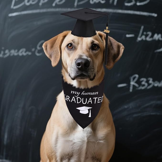 PUPTECK Dog Graduation Bandana Outfit Scarf with Cute Doggy Cap, Costume Decorations Supplies for Small Medium Large Dogs Boy Girl Gifts, Black