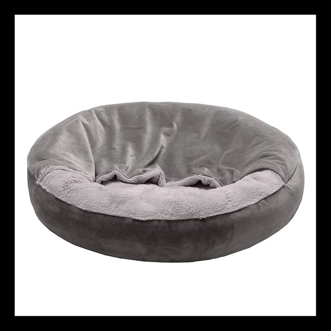 Furhaven 24" Round Calming Donut Dog Bed for Indoor Cats & Small Dogs, Washable, For Dogs Up to 20 lbs - Plush Velvet Waves Hooded Donut Bed - Dark Gray, Small