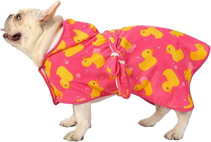 HDE Dog Bathrobe Super Absorbent Quick Drying Towel with Hood for All Dog Breeds Sizes S-XXL - Pink Rubber Ducks - S