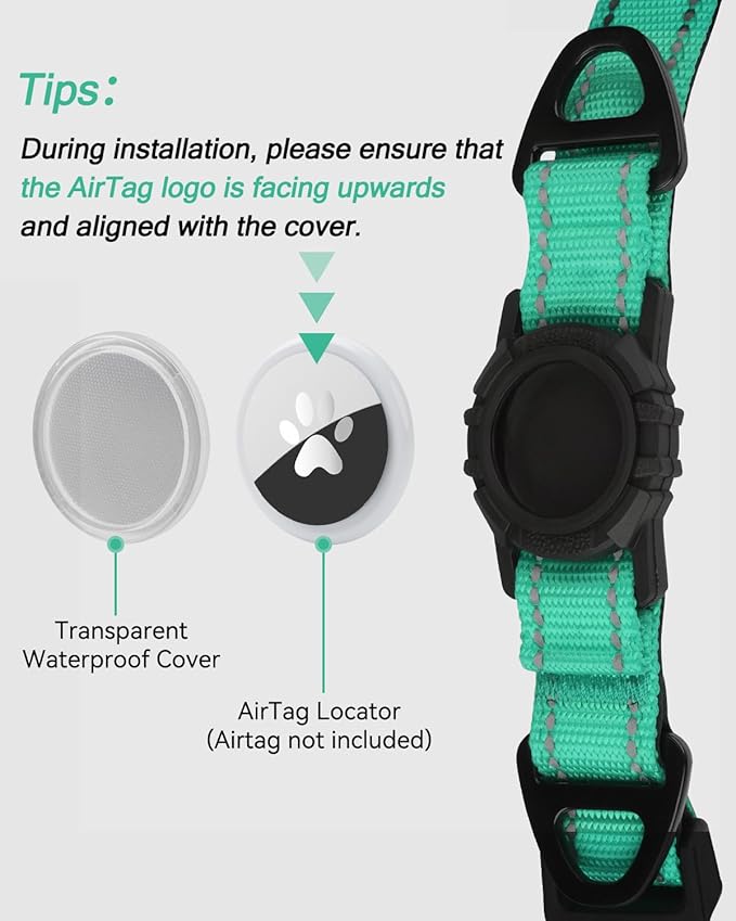 Joytale Airtag Dog Collar, Dual D-Rings, Reflective Pet Collar with Waterproof AirTag Holder, Soft Padded Adjustable for Medium Dogs, Teal, M