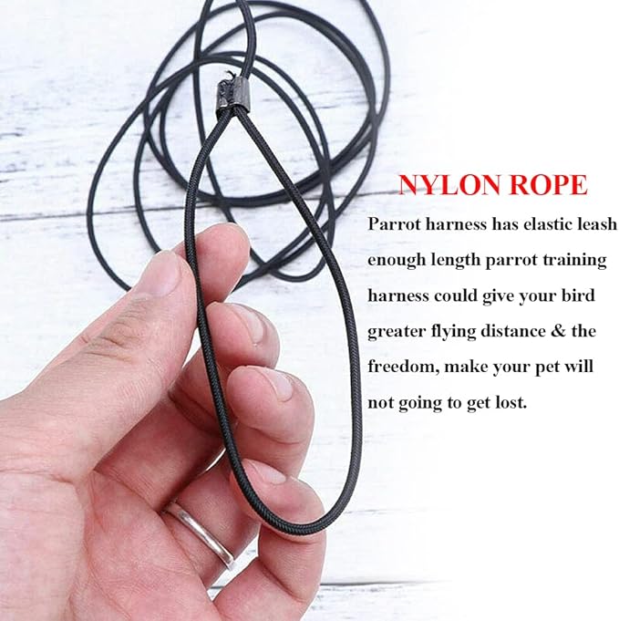 ASOCEA Adjustable Birds Harness and Leash Parrot Harness Leash Anti-Bite Bird Nylon Rope Outdoor Flying Training Rope for Small Birds Weighing 110-190 Grams (Black)