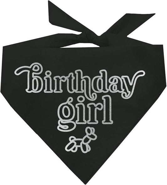 Birthday Girl Metallic Printed Dog Bandana | 100% Cotton Adjustable Triangle | Birthday Pawty | Party Theme | Celebration Supplies | Photoshoot Prop |Black, Silver Foil (1329)
